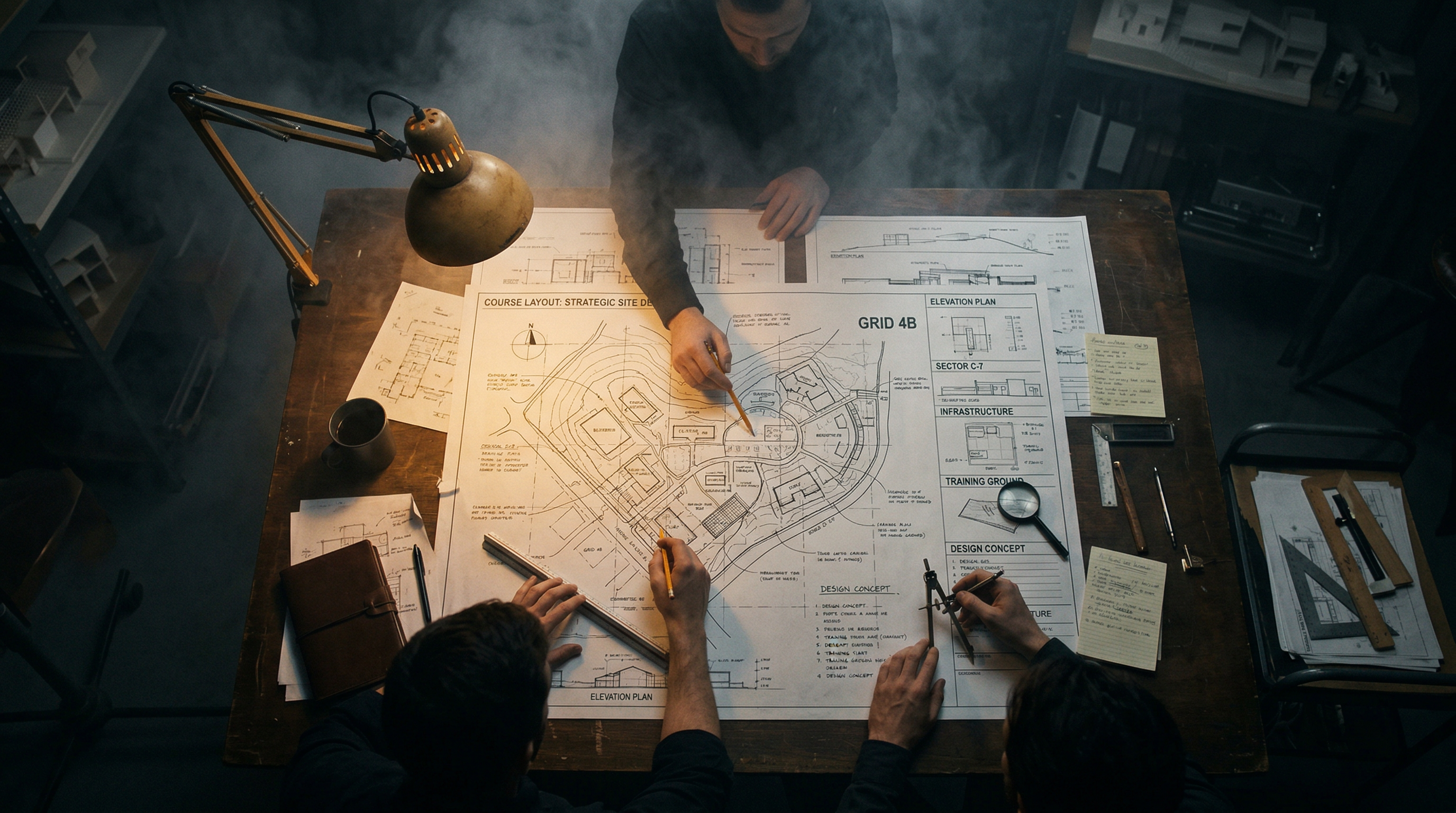 Strategic course planning session with blueprints and tactical documents